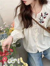 V-Neck Flower Embroidered Blouse Shirt
